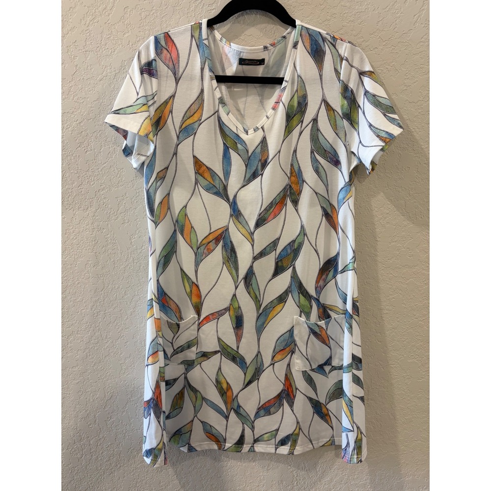 Ofeefan Womens Multicolor Leaf Print V-Neck T-Shirt Dress White Medium Pockets